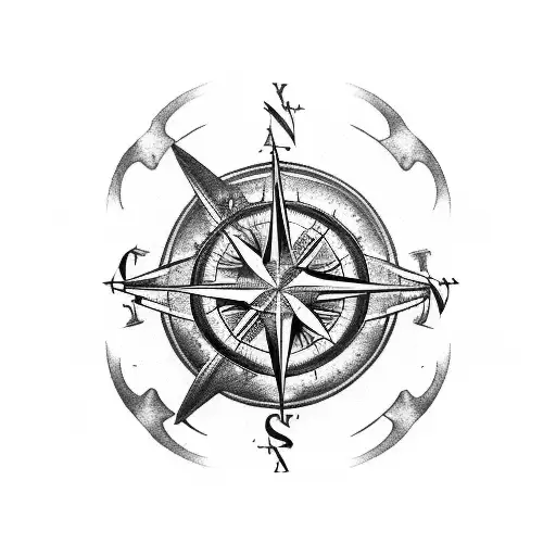 A Stylized Compass Rose With A Manta Ray At The Center And Fishing Hooks As The Cardinal Points