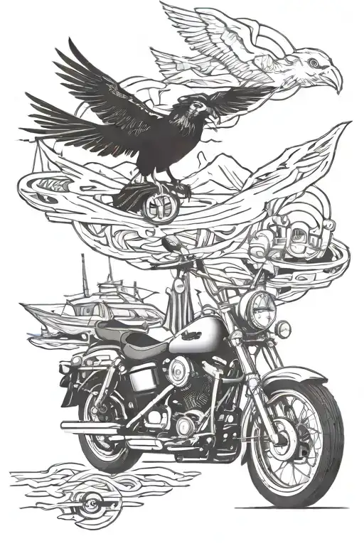 Harley Davidson Motorcycle Boats And A Bird