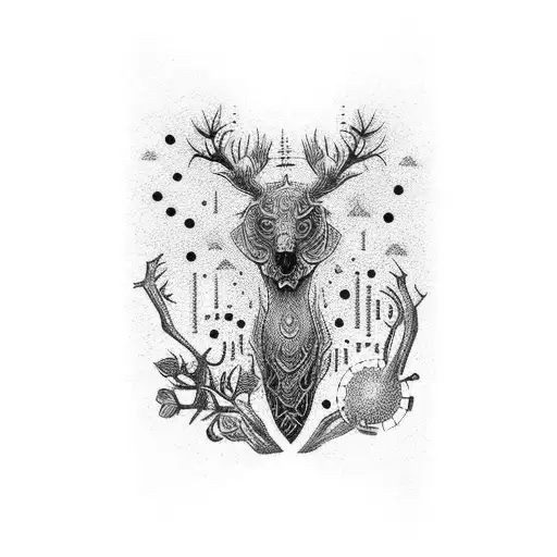 An Intricate Dotwork Design Featuring Outdoor Scenes And Engineering Tools