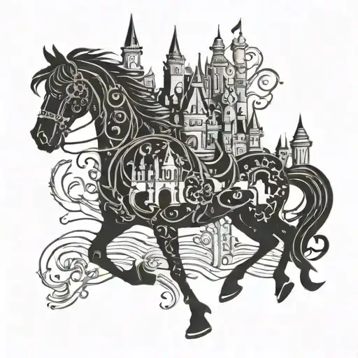 A Silhouette Of A Disney Castle With A Horse Galloping In Front Of It