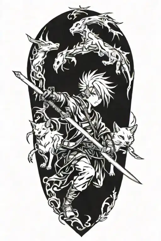 An Anime Character Wielding A Powerful Sword Surrounded By Loyal Animal Companions