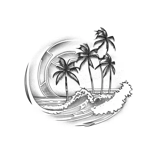 Tropical Island Sunset With Palm Trees And Waves Crashing On The Shore