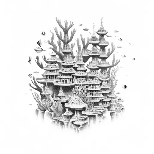 Underwater Cityscape With Tropical Fish And Coral Reefs