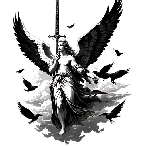 Flying Angel Holding A Sword With Clouds And Ravens Around