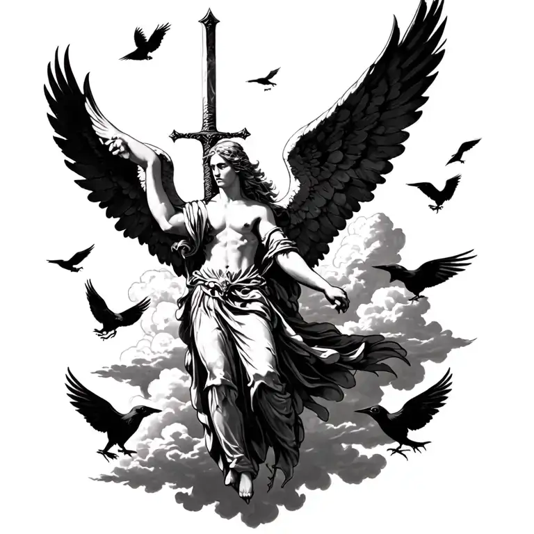 Flying Angel Holding A Sword With Clouds And Ravens Around