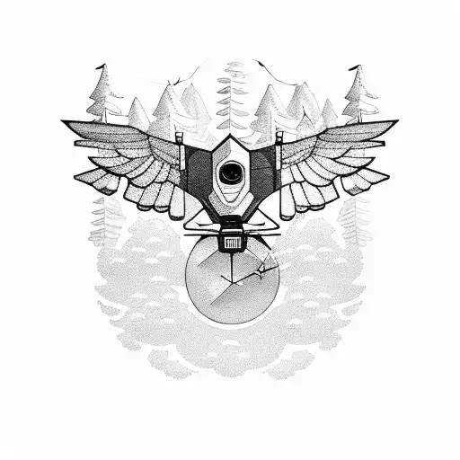 A Futuristic Drone Flying Through A Forest With Birds Following Behind