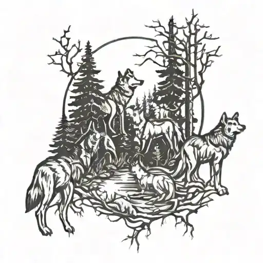 Forest With A Cabing Surrounded By Wolves Howling At The Moon