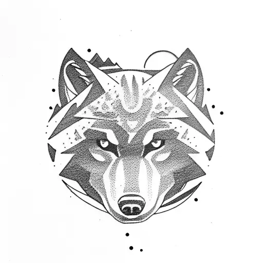 Mountain With A Wolf Embedded In It On The Background Of A Moon