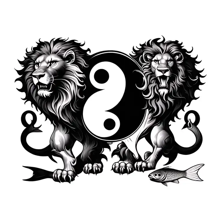 Lion With Crosses In The Background And Fishes Make Yingyang