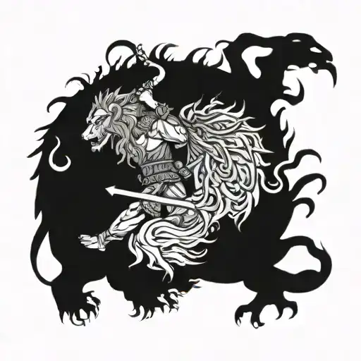 A Viking Warrior Battling A Fierce Lion In A Dark And Mystical Forest