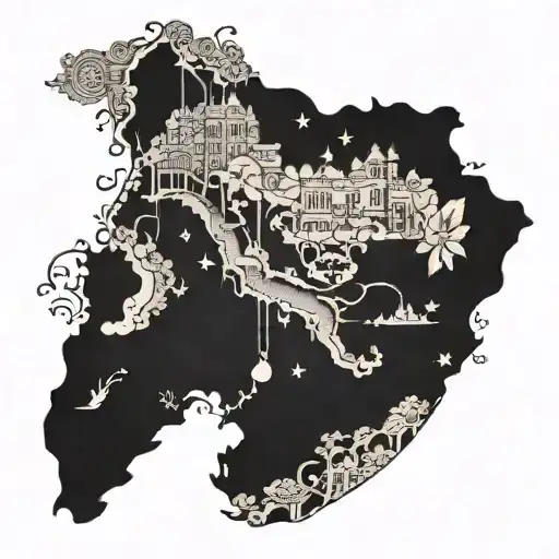 A Blackwork Tattoo Of A Vintage Map Of Venice With Intricate Floral Details Intertwined Throughout
