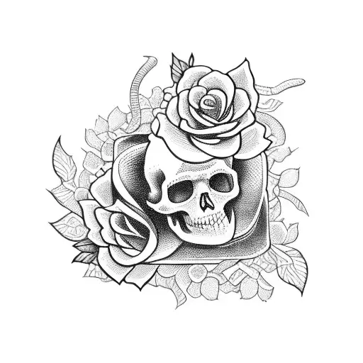 Snake Between Flowers And Skull