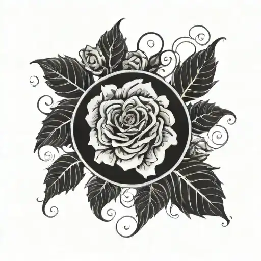 Circle Ring Of Several Small Roses Around A Center Flourish Design