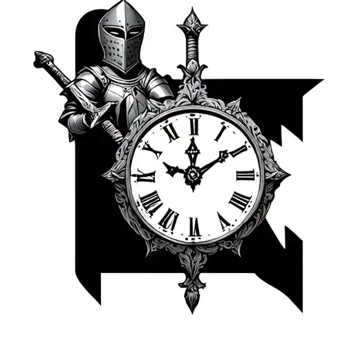 Knight In Armor Holding Sword And Clock