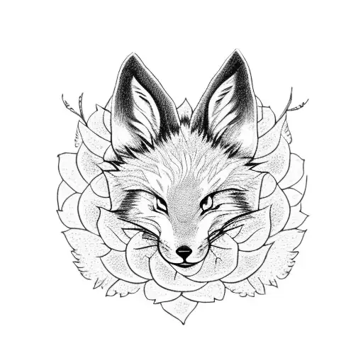 Nine Tailed Fox With Hydrangea Flowers And A Rabbit