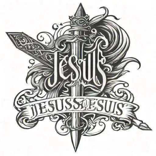 The Word Jesus In Cursive Wrapped Around A Sword