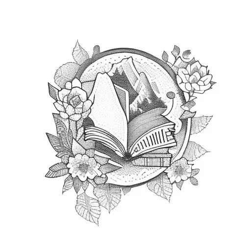 A Traditional Style Tattoo Of A Nature Scene With Books And Flowers Intertwined