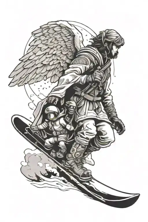 A Guardian Angel Protecting A Snowboarder On A Snowy Mountain With Biblical Symbols