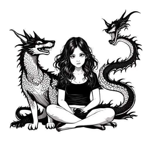 Girl Sitting With Dragon Dog