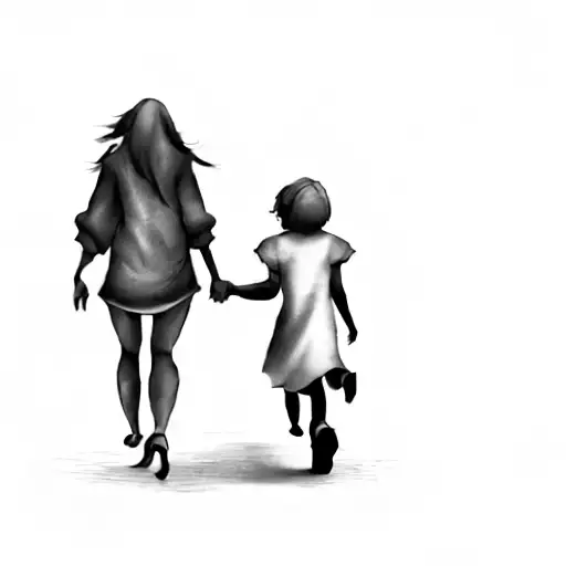 A Woman And A Child Walking In The Dark