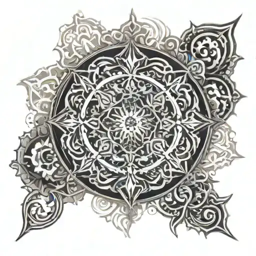 An Intricate Mandala Design Incorporating Religious Symbols Such As Crosses And Angels