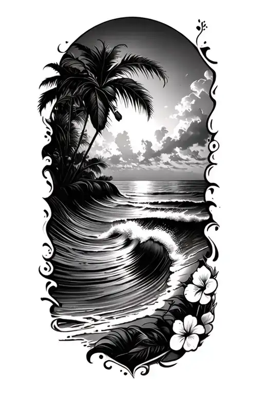 Beach And Ocean Waves Hibiscus Flowers Around The Edge