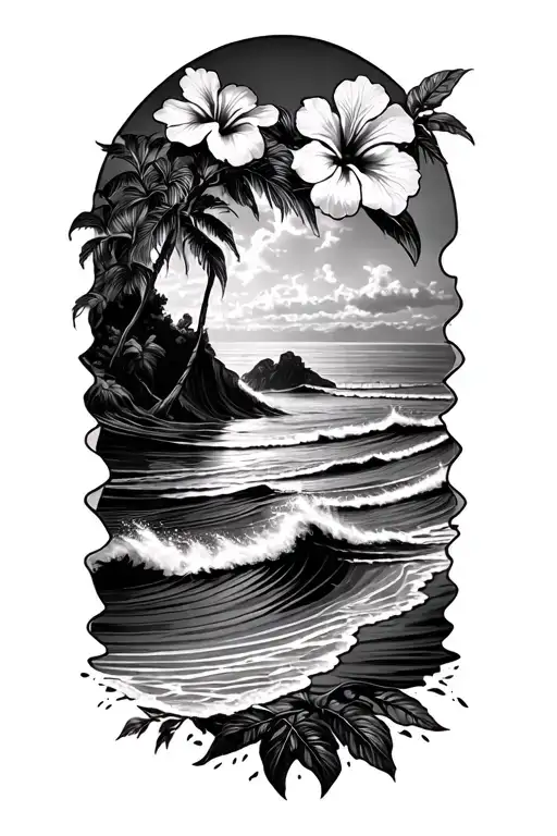 Beach And Ocean Waves Makau Hibiscus Flowers Around The Edge