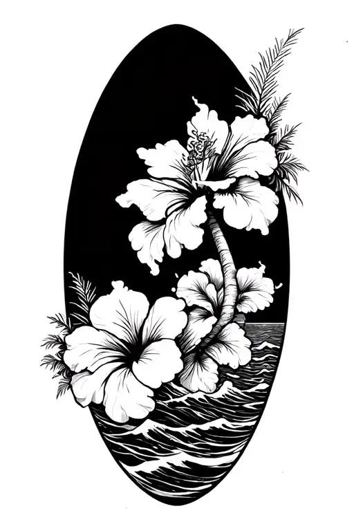 Beach Palm Tree And Ocean Waves Hibiscus Flowers Around The Edge