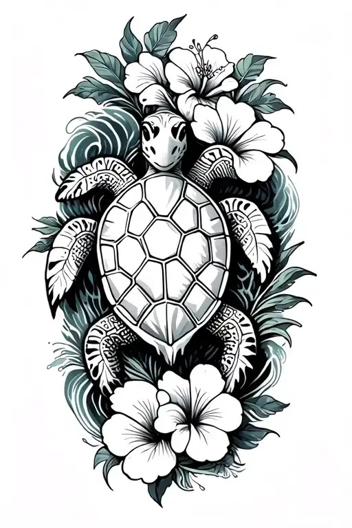 Beach Turtle And Ocean Waves Hibiscus Flowers Around The Edge