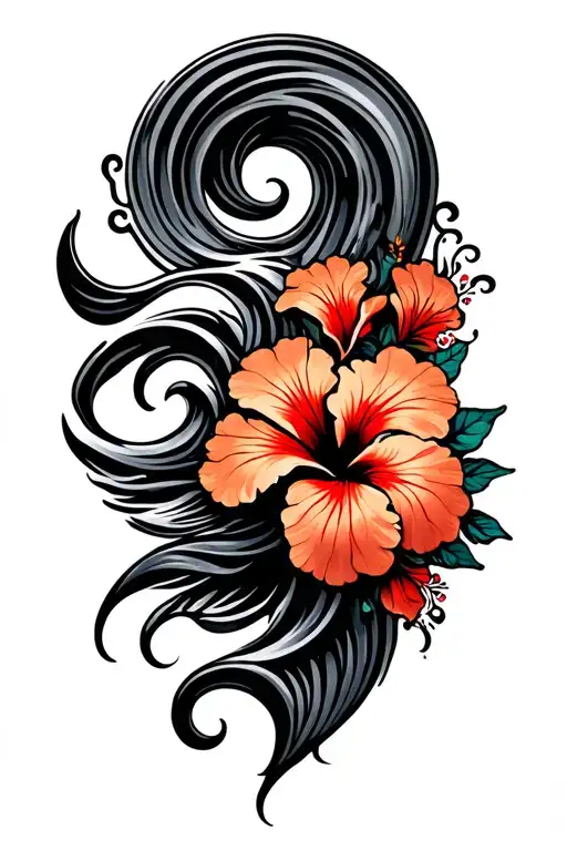 Ocean Waves Hibiscus Flowers Around The Edge Makau Tribal Hook Center