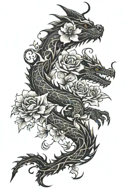Words Down Spine With Flowers Surrounding And A Dragon Through It All