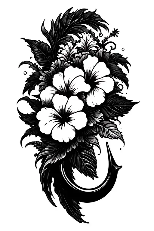 Ocean Waves Hibiscus Flowers Around The Edge Behind Makau Fish Hook