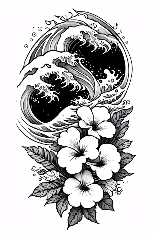 Ocean Waves With Small Hibiscus Flowers Bottom And Top