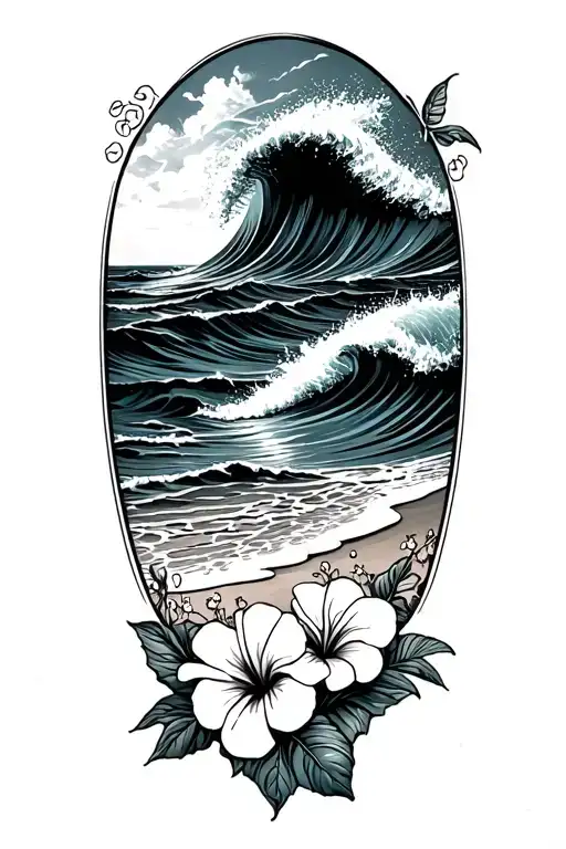 Ocean Waves Beach With Small Hibiscus Flowers Bottom And Top