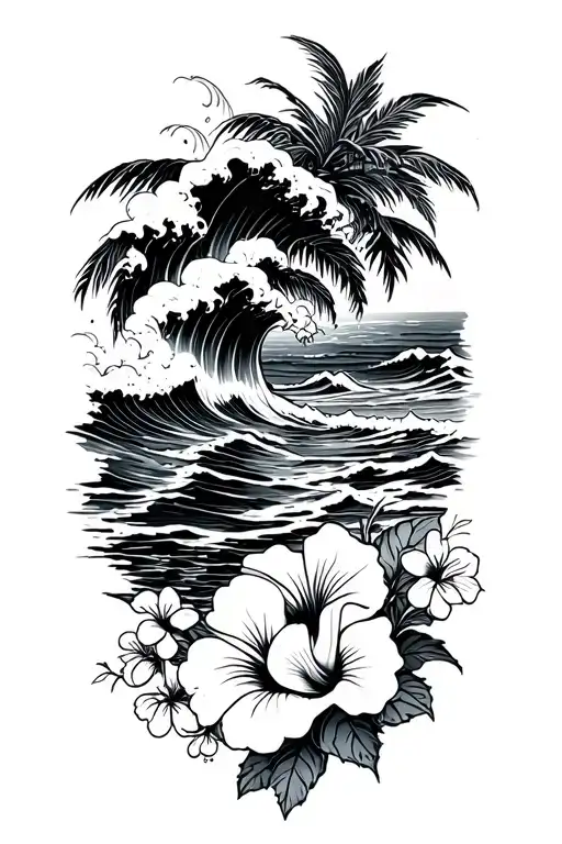 Ocean Waves Beach With Small Hibiscus Flowers Bottom And Top