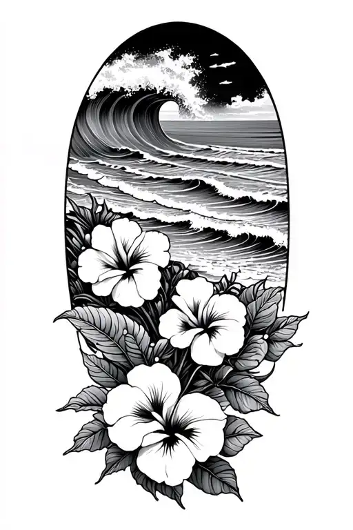 Ocean Waves Beach With Small Hibiscus Flowers Bottom