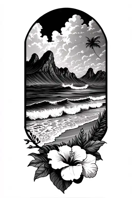 Ocean Waves Beach With Hibiscus Flowers Bottom Mountains