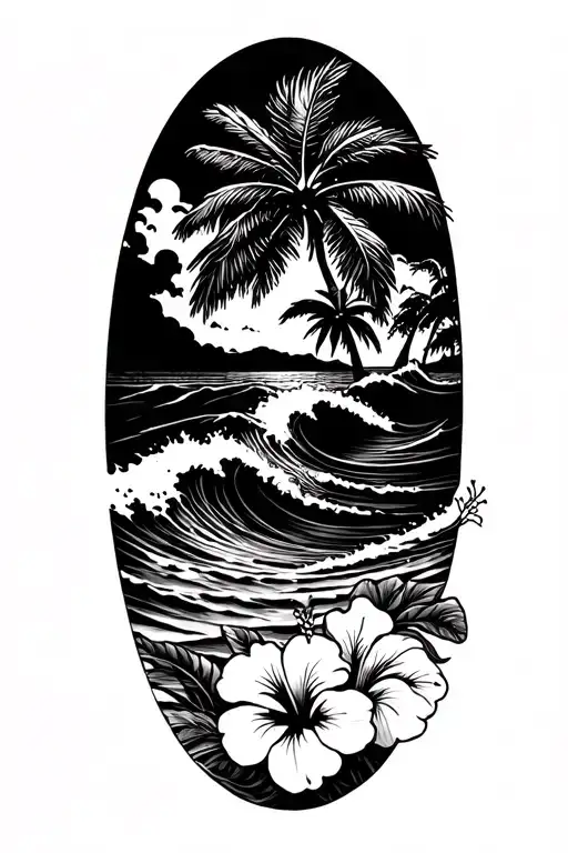 Ocean Waves Beach With Hibiscus Flowers Bottom Right And Palm Tree Upper Left