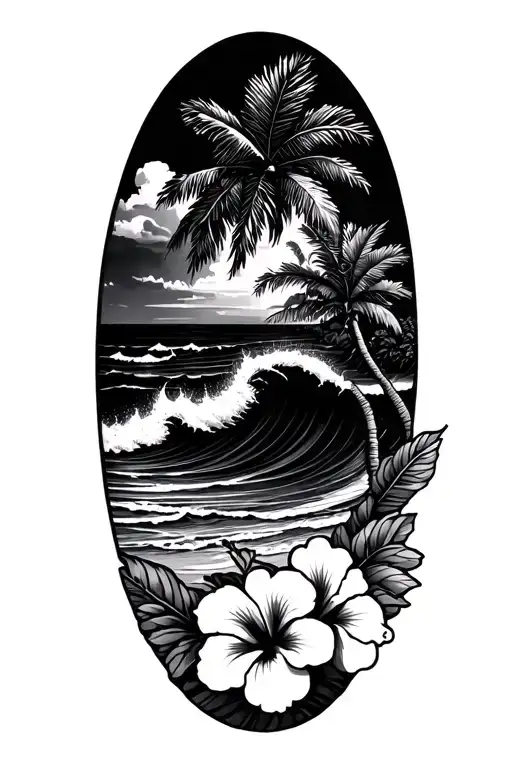 Ocean Waves Beach With Hibiscus Flowers Bottom Right And Palm Tree Upper Left