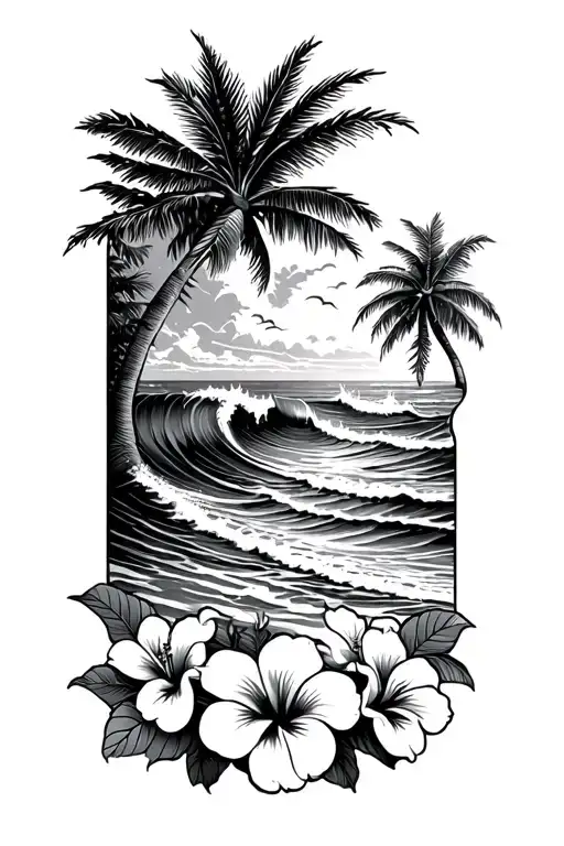 Ocean Waves Beach With Hibiscus Flowers Bottom Right And Palm Tree Upper Right