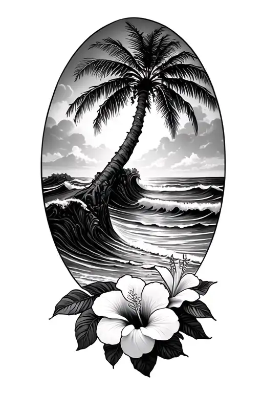 Ocean Waves Beach With Hibiscus Flowers Bottom Right And Banyan Tree