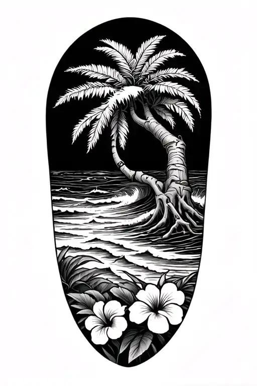 Banyan Tree With Waves On The Beach Hibiscus Flowers On The Bottom