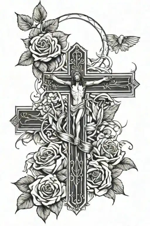 Jesus On Cross Around Cross Cobra And Rose