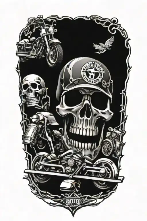 Harley Davidson Style With Skulls And Railroad Tracks