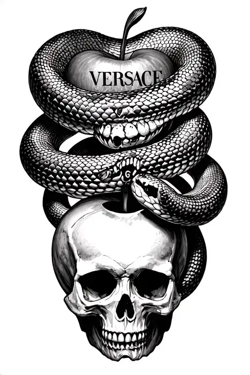 Snake Through An Apple And A Human Skull With The Versace Logo Behind The Skull