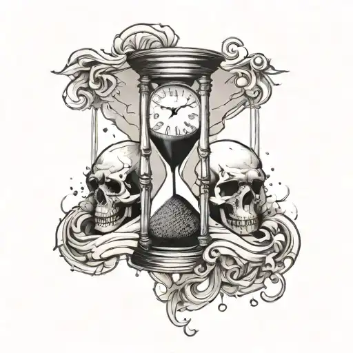 Hourglass With Clock Inside Top Half Fading To Sand Falling On Skulls Inside Bottom Half
