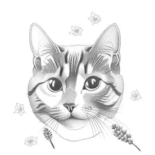 A Blackwork Tattoo Of A Cat Surrounded By Lavender Flowers