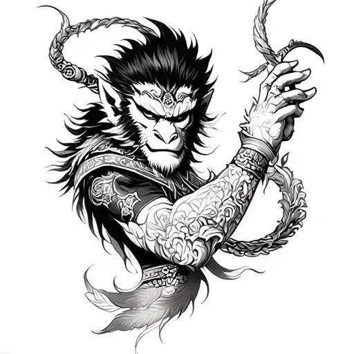 Sun Wukong Arm Sleeve Tattoo Black And White