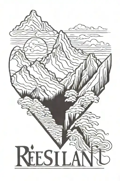 The Word 'Resiliant' Written Vertically With Mountains Behind It