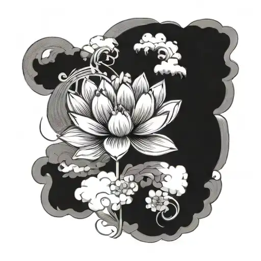 Japanese Lotus Flower Surrounded By Clouds